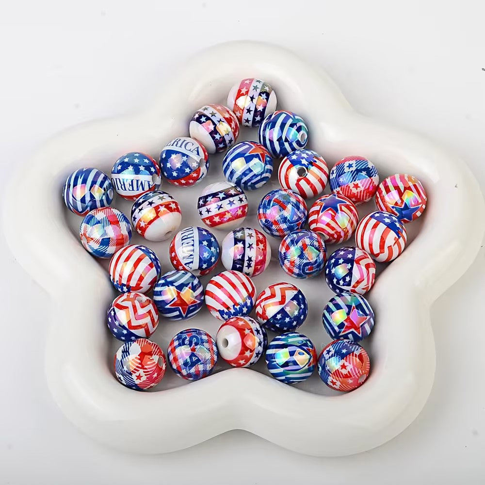 16mm Patriotic USA Flag UV Printed Acrylic Beads, Double-Sided 4th of July Round Spacer Beads for DIY Beadable Pens, Keychains, Car Hanging Ornaments Crafting