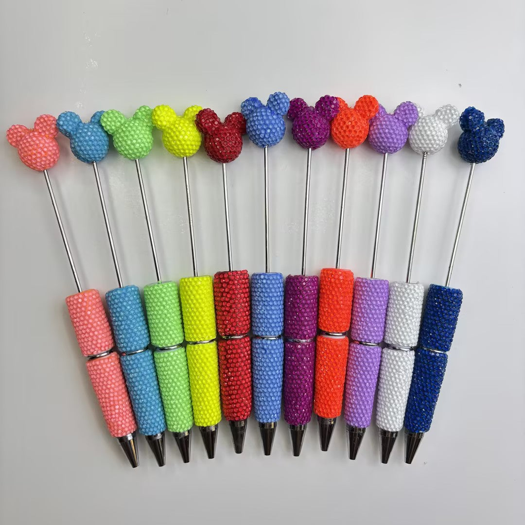 Vibrant Neon Rhinestone Beadable Pens - Glow-Vibe Fluorescent Magic Mouse Ear Bling Ballpoint Pens