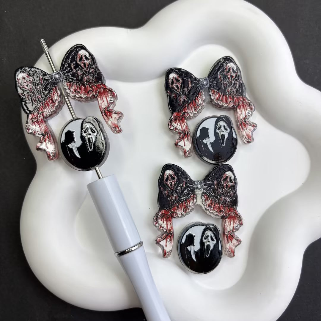 Bloody Bow & Ghost Slasher Acrylic Loose Beads - Spooky Movie Theme Character Beads Pack for Keychain & Pen Crafting