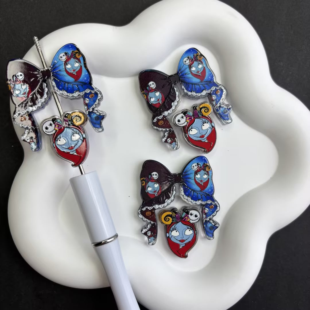 Starry Night Bow & Stitched Ragdoll Acrylic Loose Beads - Spooky Fantasy Animation Character Beads Pack for Keychain & Pen Crafting