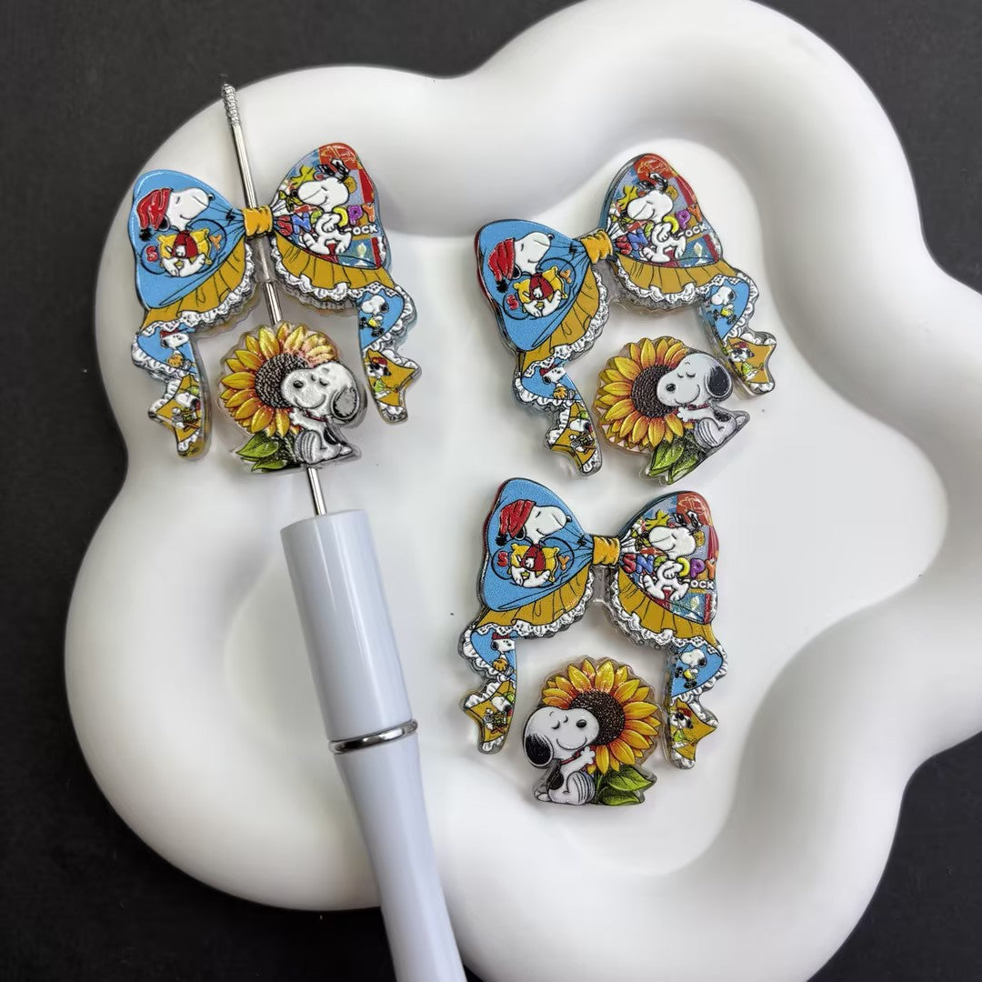 Cute Sunflower Snoopy Dog Acrylic Beads for DIY Beadable Pens - Bulk Cartoon Summer Puppy Focal Beads Only (No Pens)