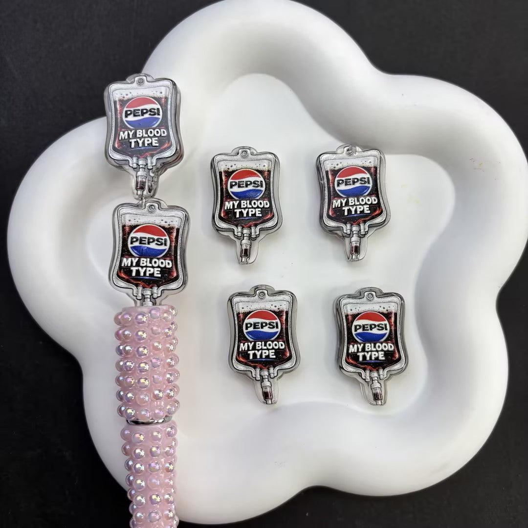 Witty "My Blood Type is Pepsi" Acrylic Focal Beads Set - DIY Craft Supplies for Beadable Cat Pens