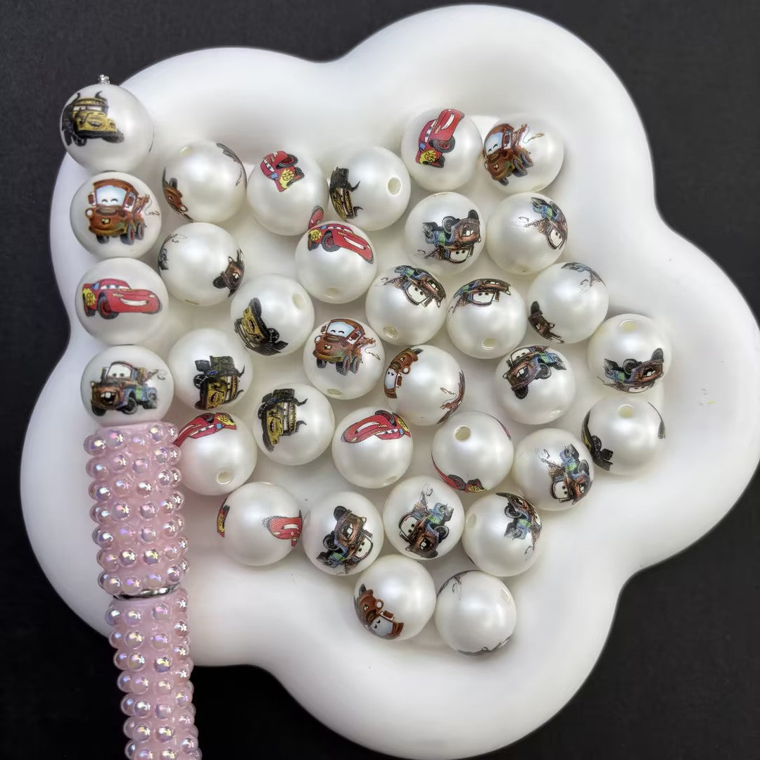 Cute Cartoon Racing Cars Pearl Acrylic Beads for DIY Beadable Pens - Bulk 16mm Lightning McQueen Round Bubblegum Beads Only