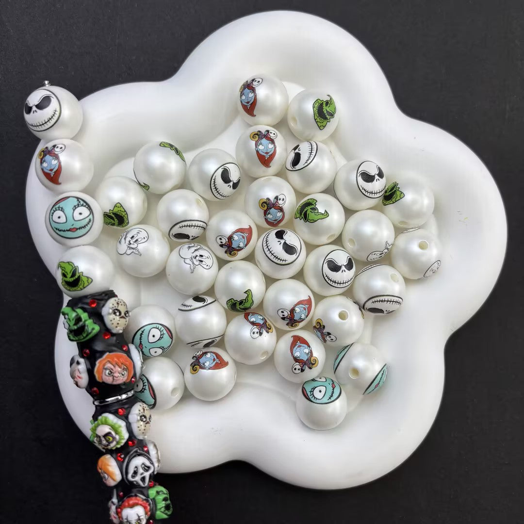 Spooky Skellington Pearl Acrylic Beads for DIY Beadable Pens - Bulk 16mm Halloween Nightmare Round Bubblegum Beads Only