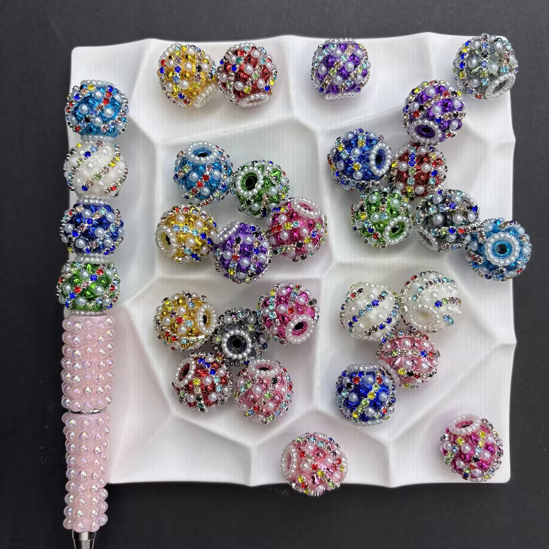 Chunky Diagonal Crystal Rhinestone & Pearl Wrapped Round Loose Beads - Sparkly Statement Spacer Beads Pack for Keychain & Pen Crafting