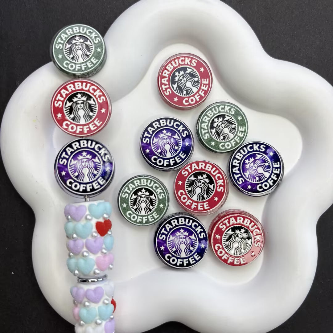 Classic Coffee Brand Emblem Focal Beads Lot — Green & Purple Galaxy Cafe Large Hole Resin Beads for DIY Pens & Keychains