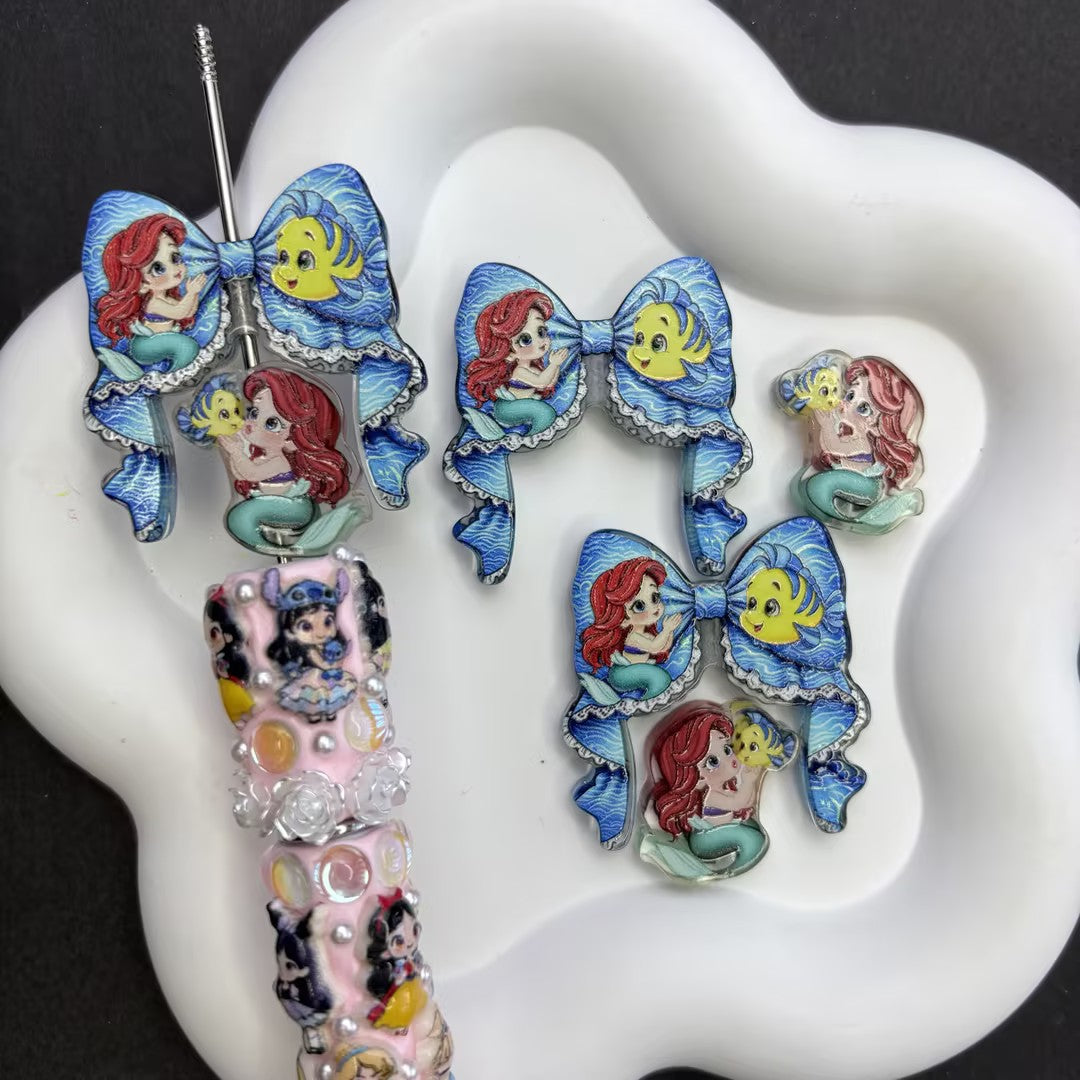 Romantic Under the Sea Ariel Focal Beads Set — Interchangeable Ocean Blue Lace Bow & Chibi Mermaid Charms Large Hole Resin Beads for DIY Pens