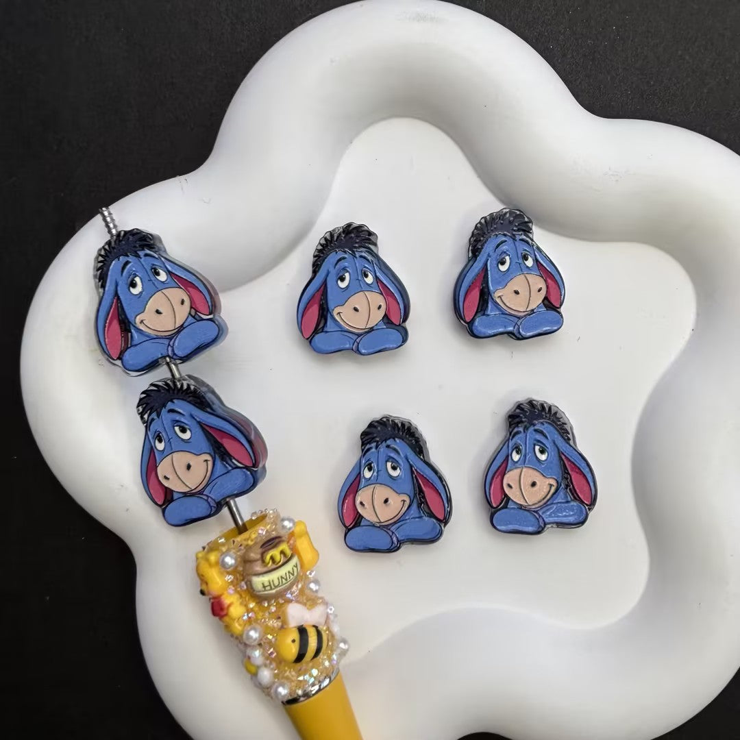 Chibi Eeyore Donkey Focal Beads Lot — Nostalgic Blue Nursery Cartoon Large Hole Resin Beads Wholesale for Pens