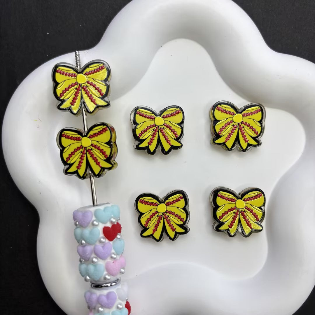 Coquette Sports Softball Bow Focal Beads Lot — Neon Yellow & Red Stitching Large Hole Acrylic Ribbon Beads Wholesale for DIY Pens