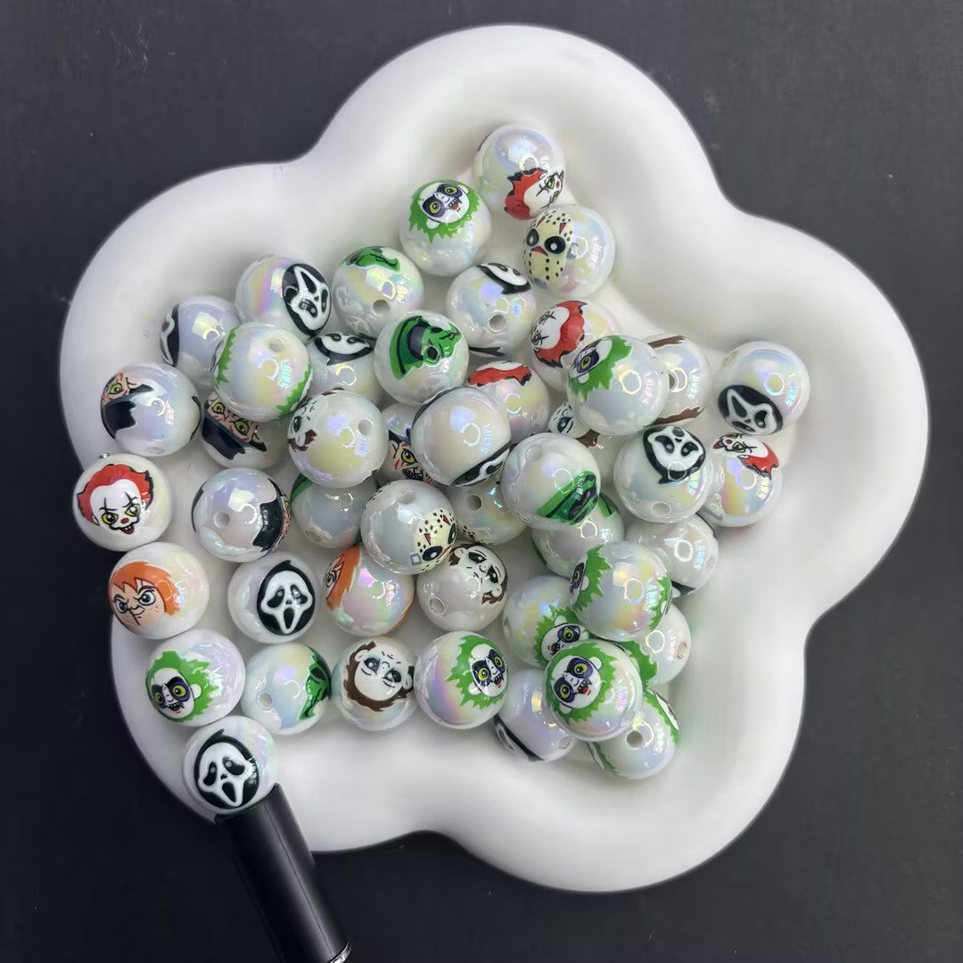 16mm Horror Movie Characters Beads, Iridescent Pearl Aura Spooky Halloween Round Beads for Beadable Pens, Ghostface Chucky DIY Keychain Making