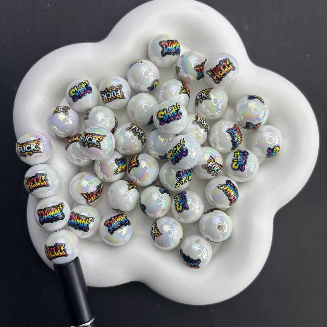 16mm Funny Swear Words Beads, Iridescent Pearl Aura Graffiti Slang Round Beads for Beadable Pens, Rude Slang Acrylic Beads for DIY Keychain