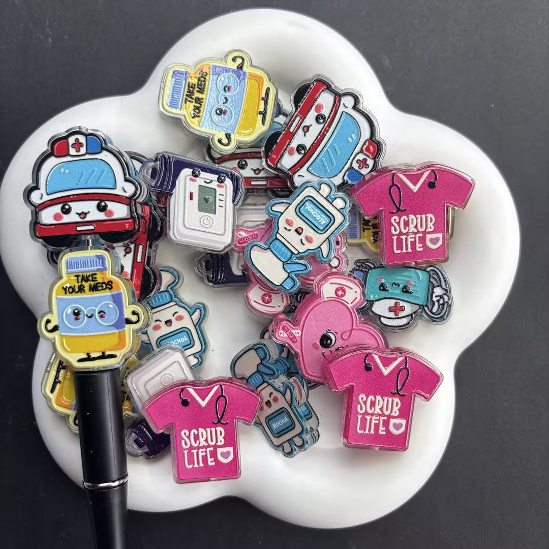 Cute Nurse Life Acrylic Focal Beads, Cartoon Medical Theme Shape Spacer Beads for Beadable Pens, Scrub Life Badge Reel DIY Keychain Making