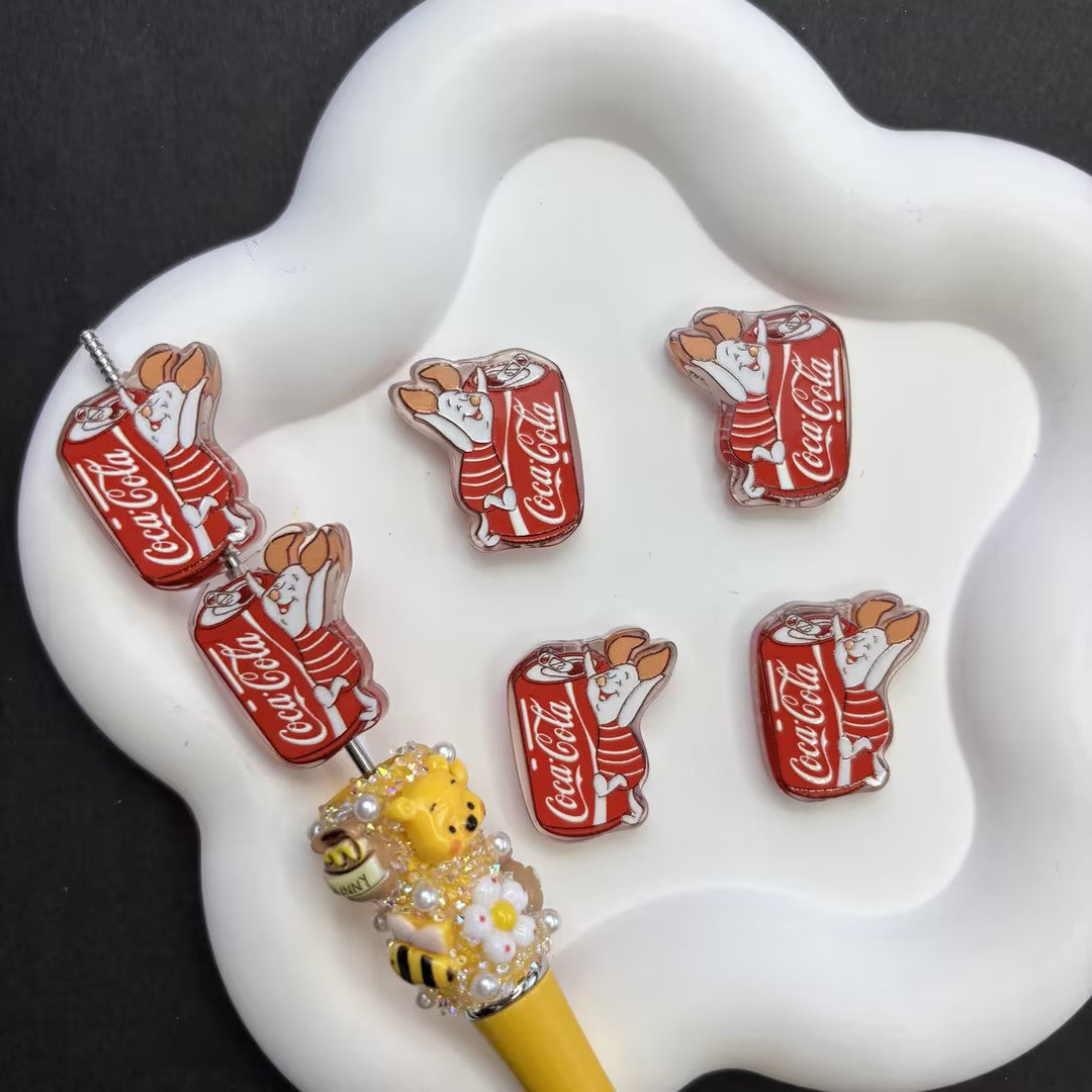 Cute Piglet Soda Can Acrylic Focal Beads for Beadable Pens, Red Coca-Cola Inspired Acrylic Beads, Cartoon Pig Character Charms for DIY Keychain Crafts