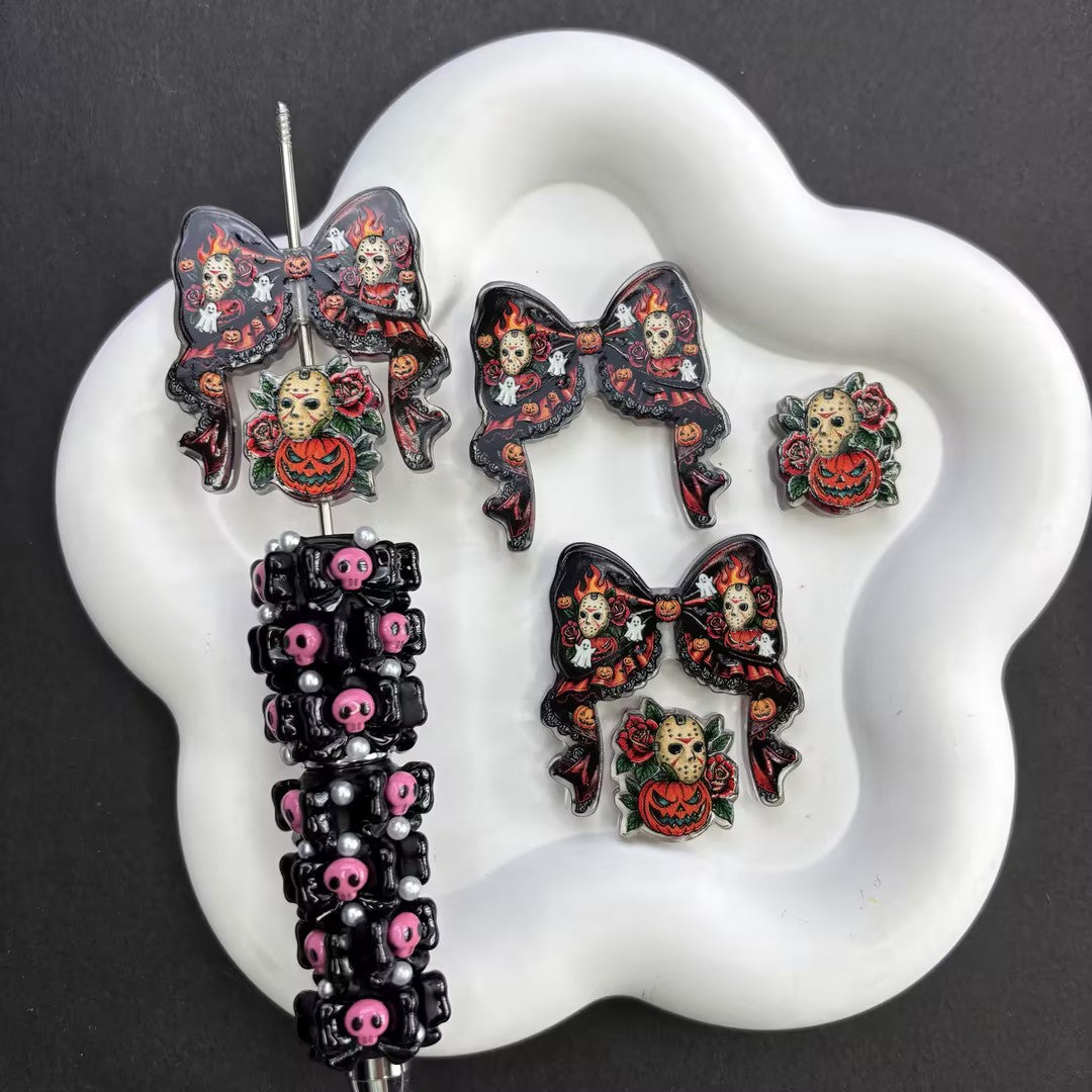 Spooky Cute Halloween Character Focal Beads Mix, Vintage Pumpkin Monster & Bow Spacers for DIY Beadable Pen, Holiday Keychain Jewelry Making Supplies