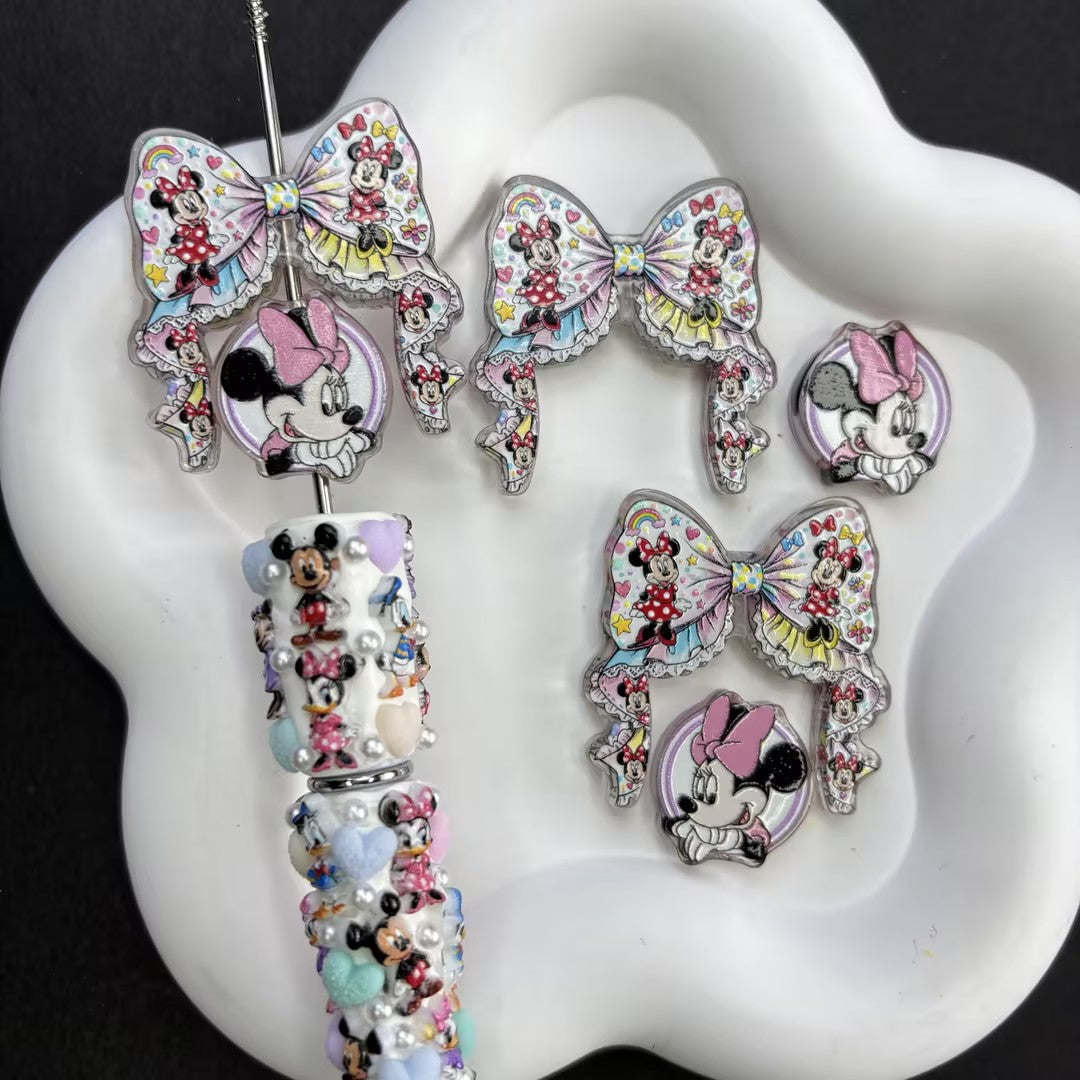 Cute Mickey Minnie Inspired Acrylic Focal Beads for Beadable Pens, Kawaii Cartoon Mouse Coquette Ribbon Bow Beads, Couples Pen Keychain DIY Supplies