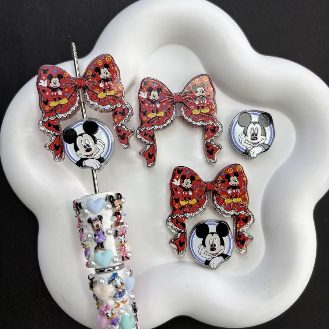 Cute Mickey Minnie Inspired Acrylic Focal Beads for Beadable Pens, Kawaii Cartoon Mouse Coquette Ribbon Bow Beads, Couples Pen Keychain DIY Supplies