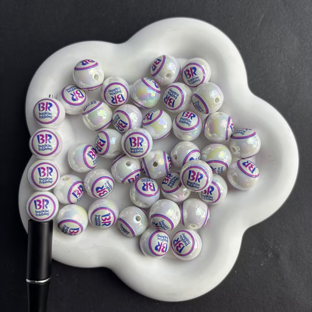 16mm Iridescent Baskin Robbins Acrylic Beads for Beadable Pens, Cute Ice Cream Shop Round Beads, Dessert Lover Gift Spacer Beads for Keychain DIY Crafts