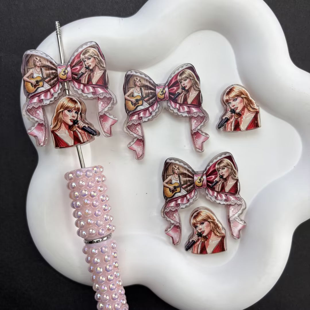 Pop Star Singer DIY Pen Topper & Focal Bead Set | Pink Lace Ribbon Bow & Portrait Charms for Bead Pen Making