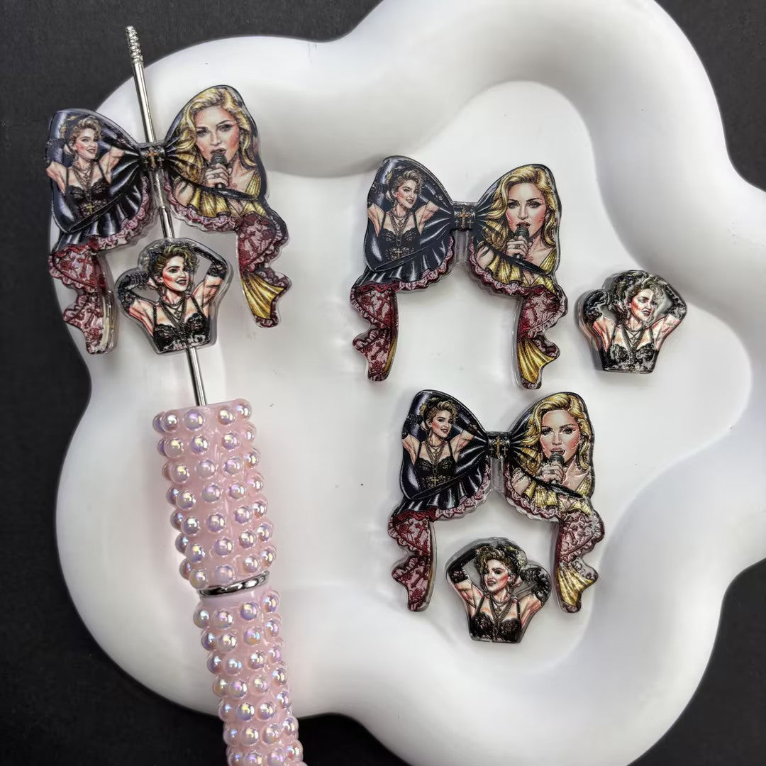 80s Pop Queen DIY Pen Topper & Focal Bead Set | Retro Lace Ribbon Bow & Diva Portrait Charms for Bead Pen Making