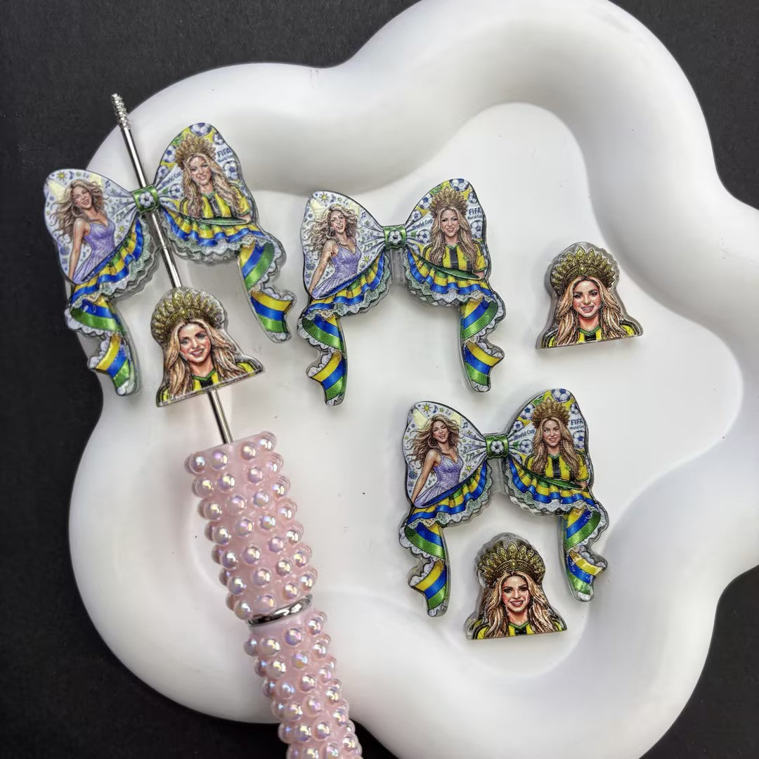 Latin Pop Queen DIY Focal Bead & Topper Set | World Cup Carnival Ribbon Bow & Singer Charms for Bead Pens (No Pen Included)