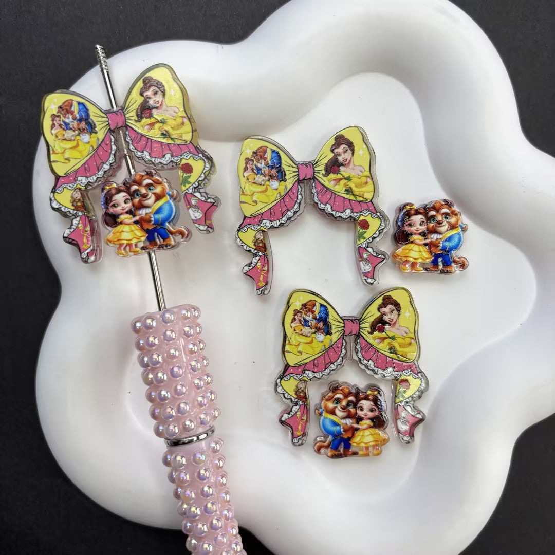 Enchanted Fairytale DIY Focal Bead Kit | Yellow & Pink Bows, Princess & Beast Toppers for Bead Pens, Keychains (Pen NOT Included)