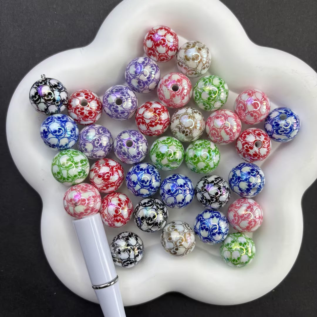 16mm Skull Pattern Printed Pearl Beads, Colorful Gothic Acrylic Beads for DIY Beadable Pens & Keychains