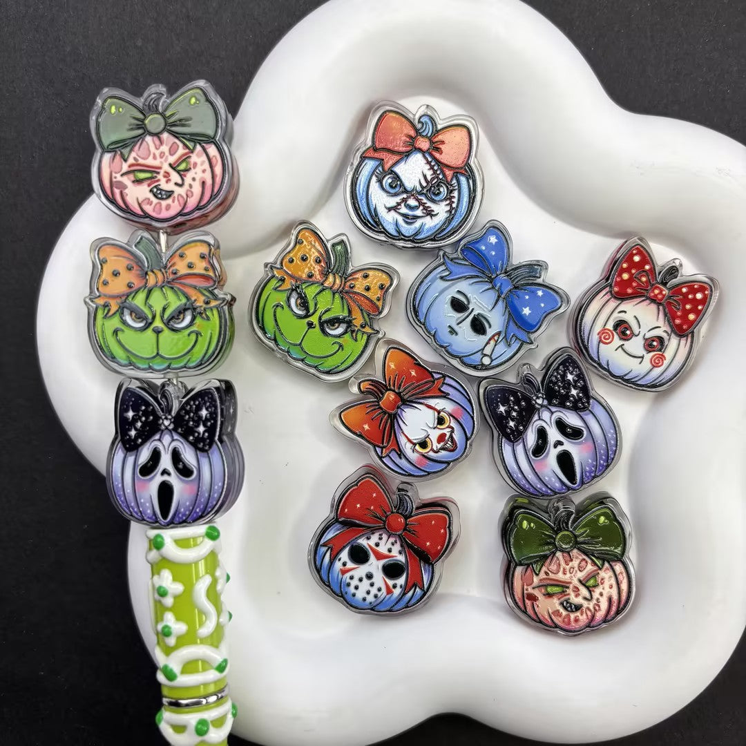 Horror Movie Character Bow Pumpkin Focal Beads, Halloween Cute Spooky Acrylic Beads for DIY Beadable Pens & Keychains