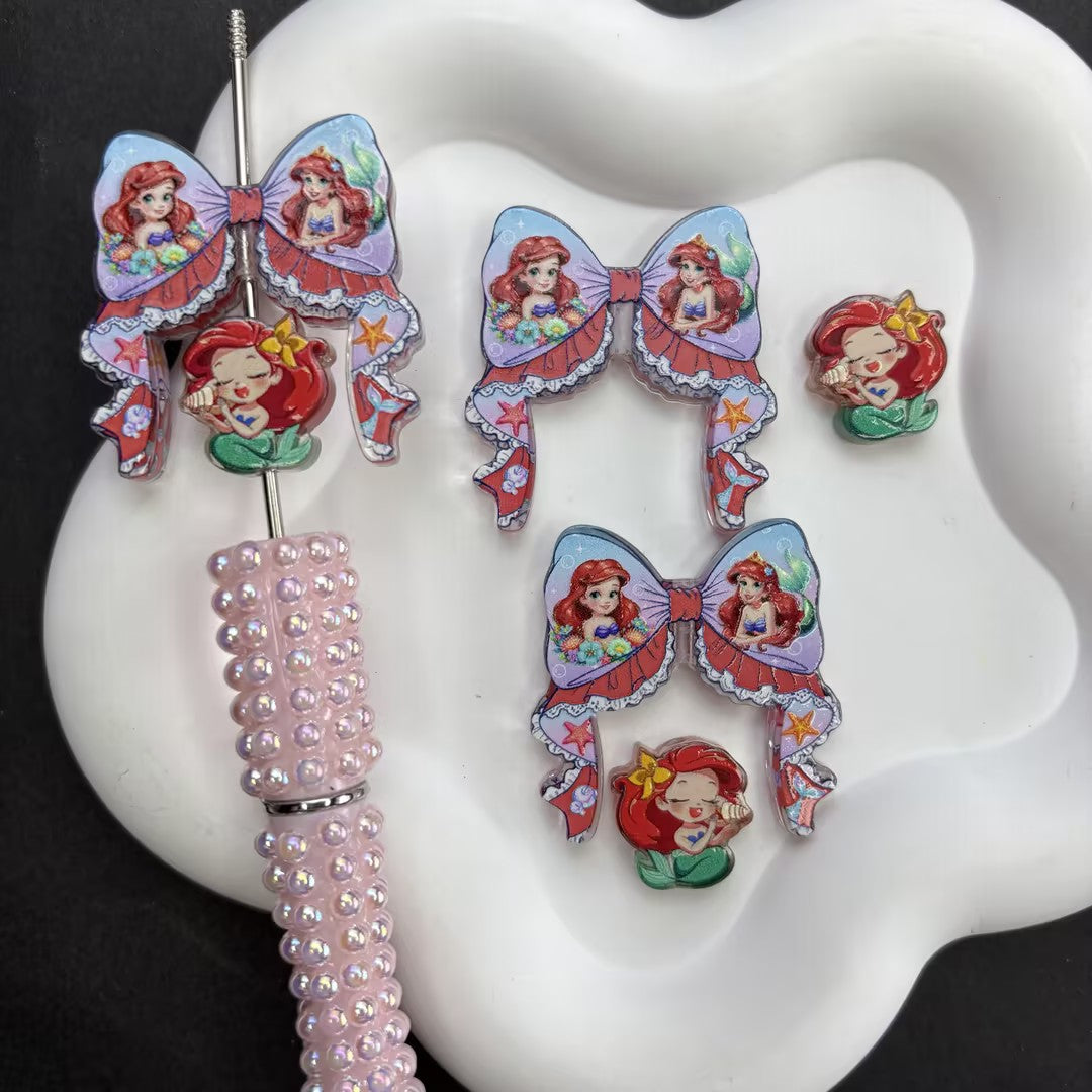 Cute Mermaid Princess & Ribbon Bow Acrylic Focal Beads, Ocean Mermaid Loose Spacer Beads with Large Hole for Beadable Pens, Keychains & DIY Jewelry Making
