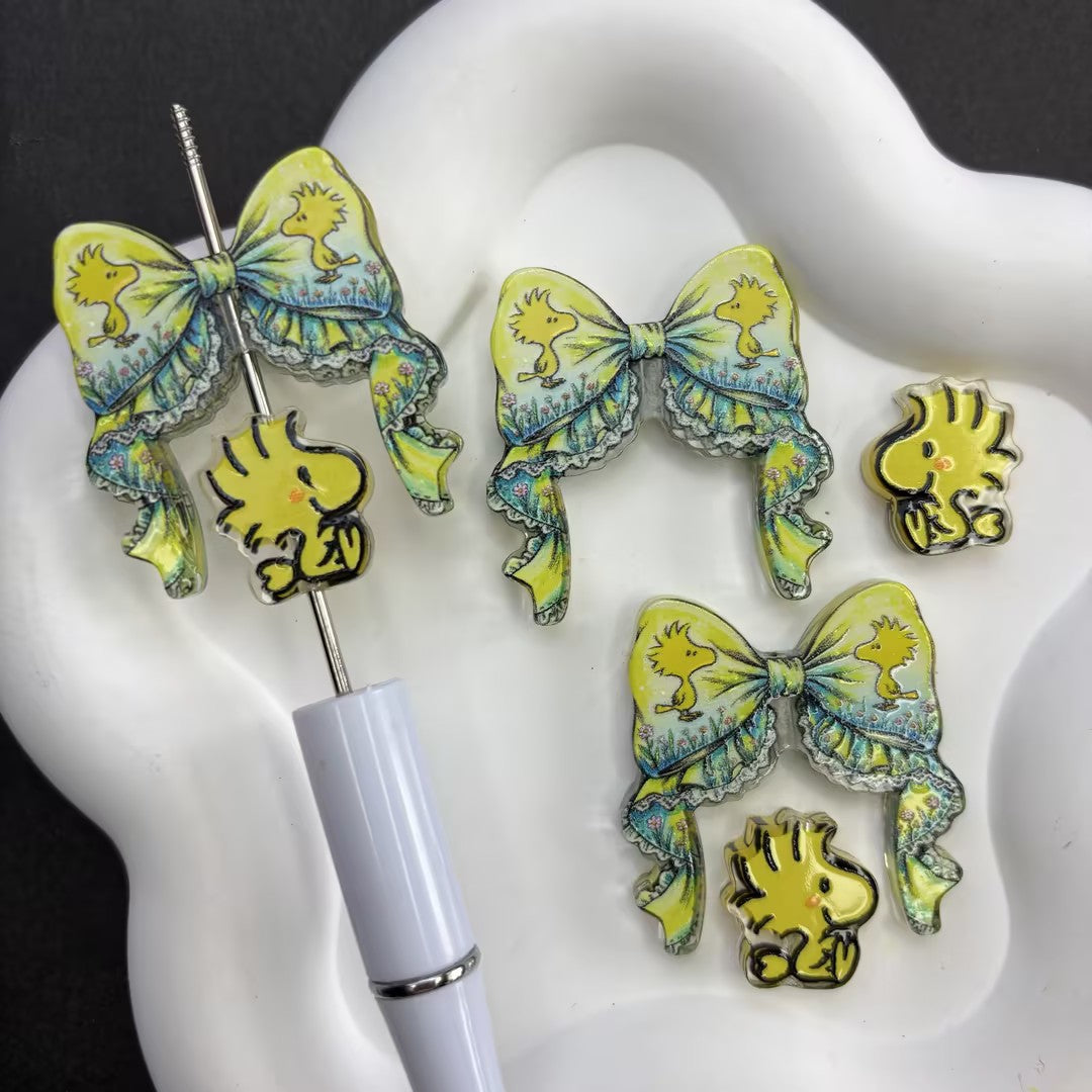 Cute Yellow Little Bird Ribbon Bow & Character Acrylic Focal Beads Set, Kawaii Woodstock Loose Spacer Beads with Large Hole for Beadable Pens, Keychains & DIY Crafts