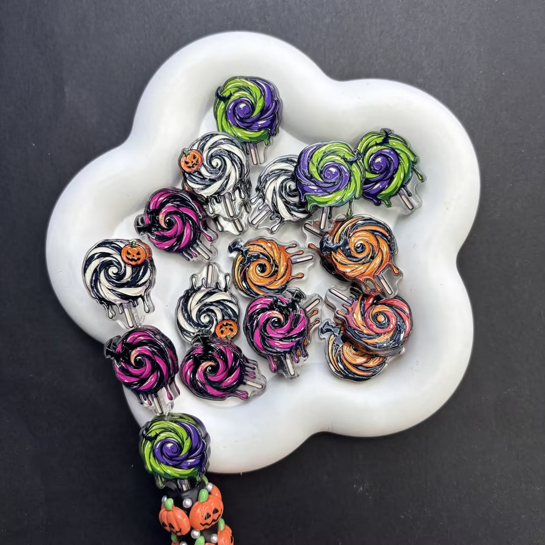 Halloween Spooky Dripping Lollipop Focal Charms - Acrylic Swirl Candy Flatbacks for DIY Bead Pens & Crafts