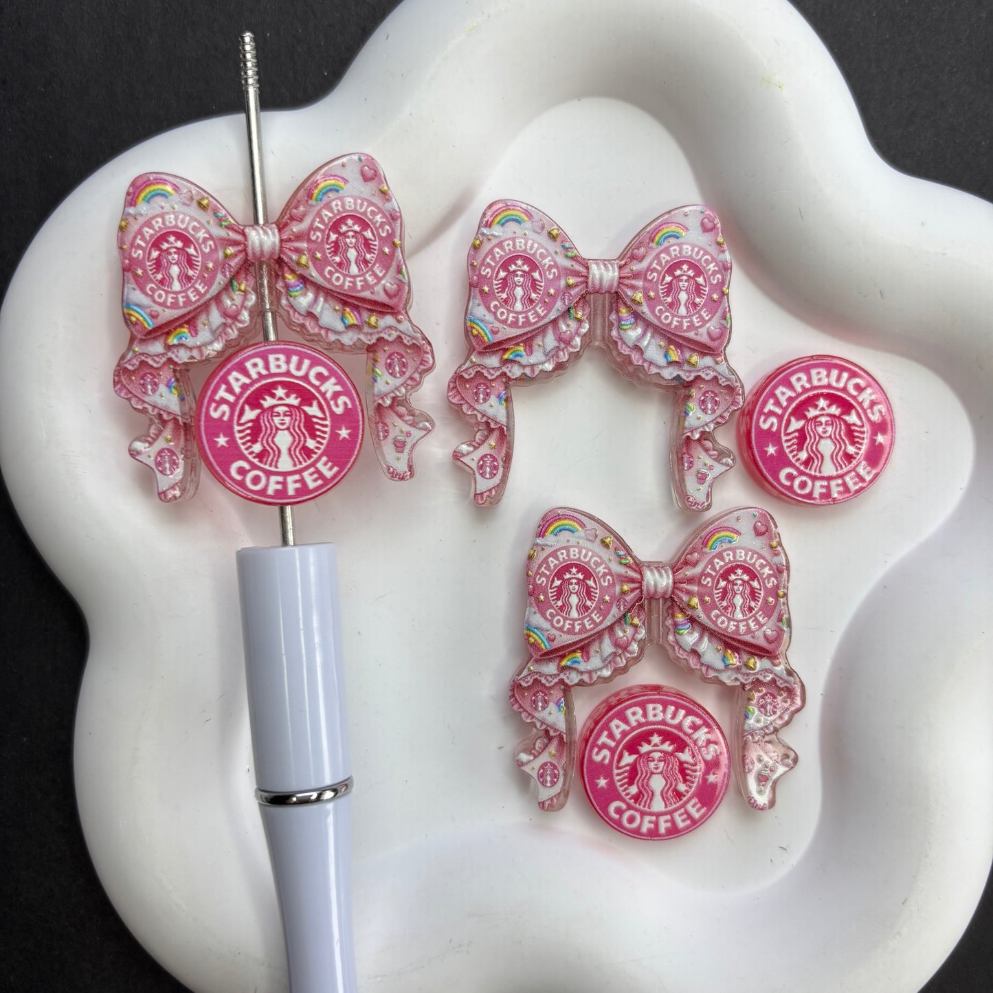 Starbucks Inspired Coffee Bow Focal Beads Pink Green Coquette Bow Beads for Beadable Pens DIY Jewelry Making