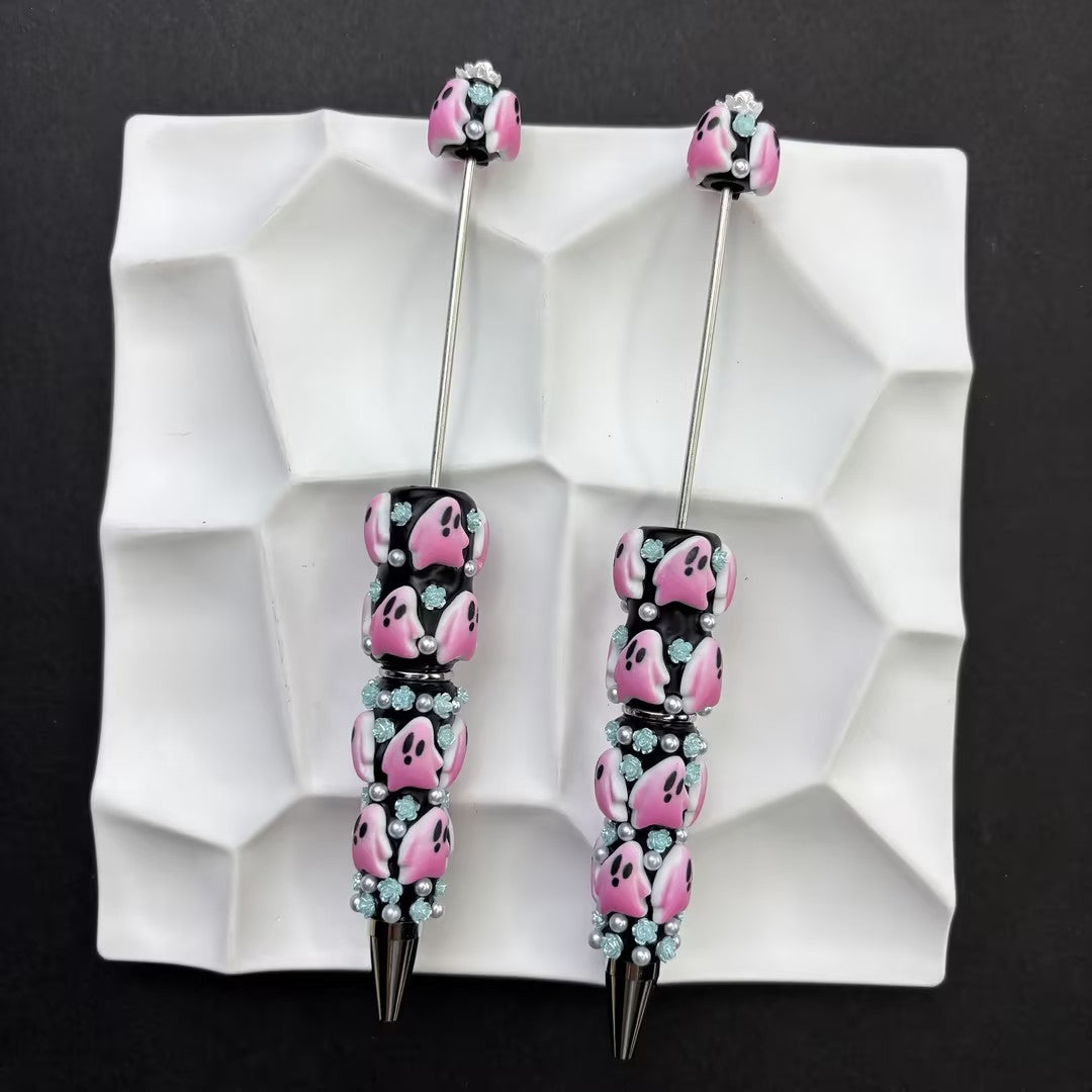 Pink Ghost Beaded Pens – Handcrafted Pastel Goth Halloween Ballpoint Pens with Pearl & Rhinestone Accents, Cute Spooky Gift