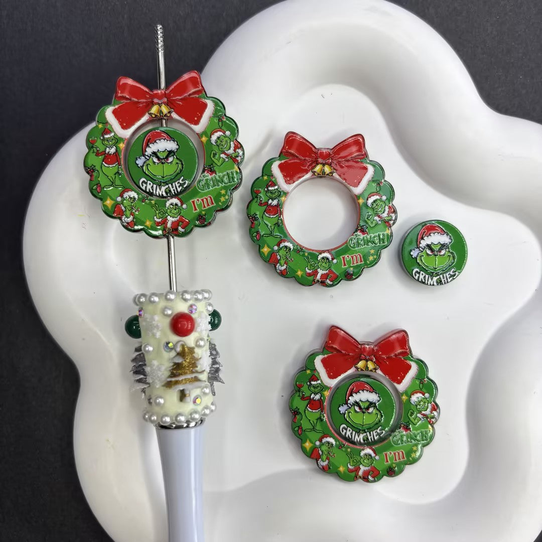 Christmas Wreath Grinch-Themed Enamel Focal Beads for Beadable Pens, 2-in-1 Detachable Metal Charm for DIY Keychains & Crafts