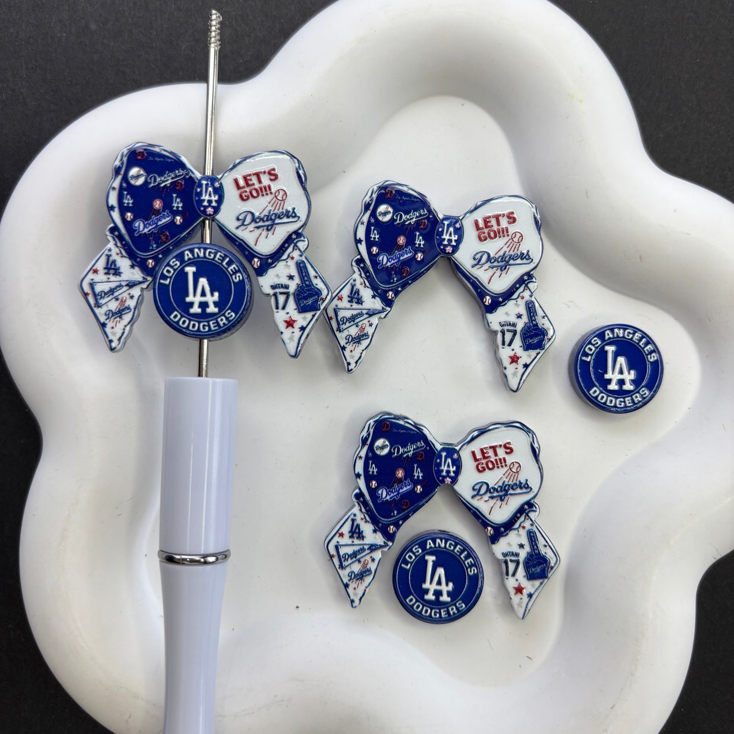 Los Angeles Dodgers Theme Silicone Focal Bead Set | Baseball Bow & Round Bead for Beadable Pens, Keychains & DIY Crafts