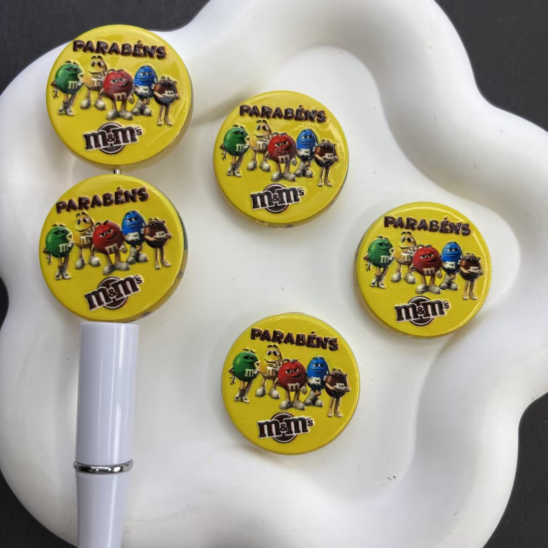 Colorful Chocolate Candy Characters Silicone Focal Bead | Yellow Round Birthday "Parabéns" Focal Charm for Beadable Pens & DIY Crafts