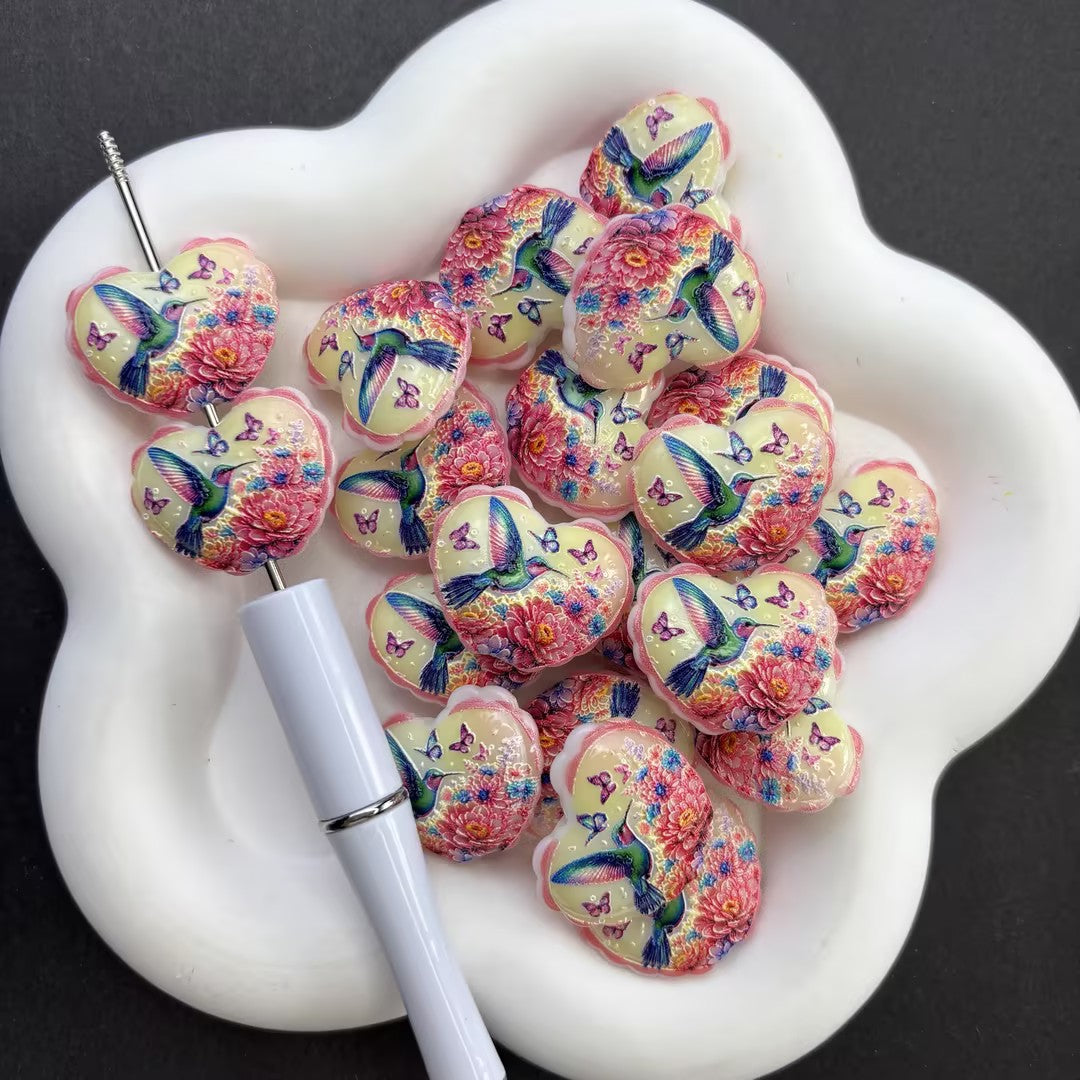 Floral Hummingbird Heart Acrylic Focal Beads – Vintage Garden Flower & Butterfly Spacer Beads for Beaded Pens, Keychains & DIY Jewelry Making