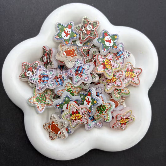 Vintage Christmas Star Focal Beads for Beadable Pens, Cute Gingerbread Man Santa Snowman Acrylic Star Charms for DIY Holiday Keychain Pen Crafts