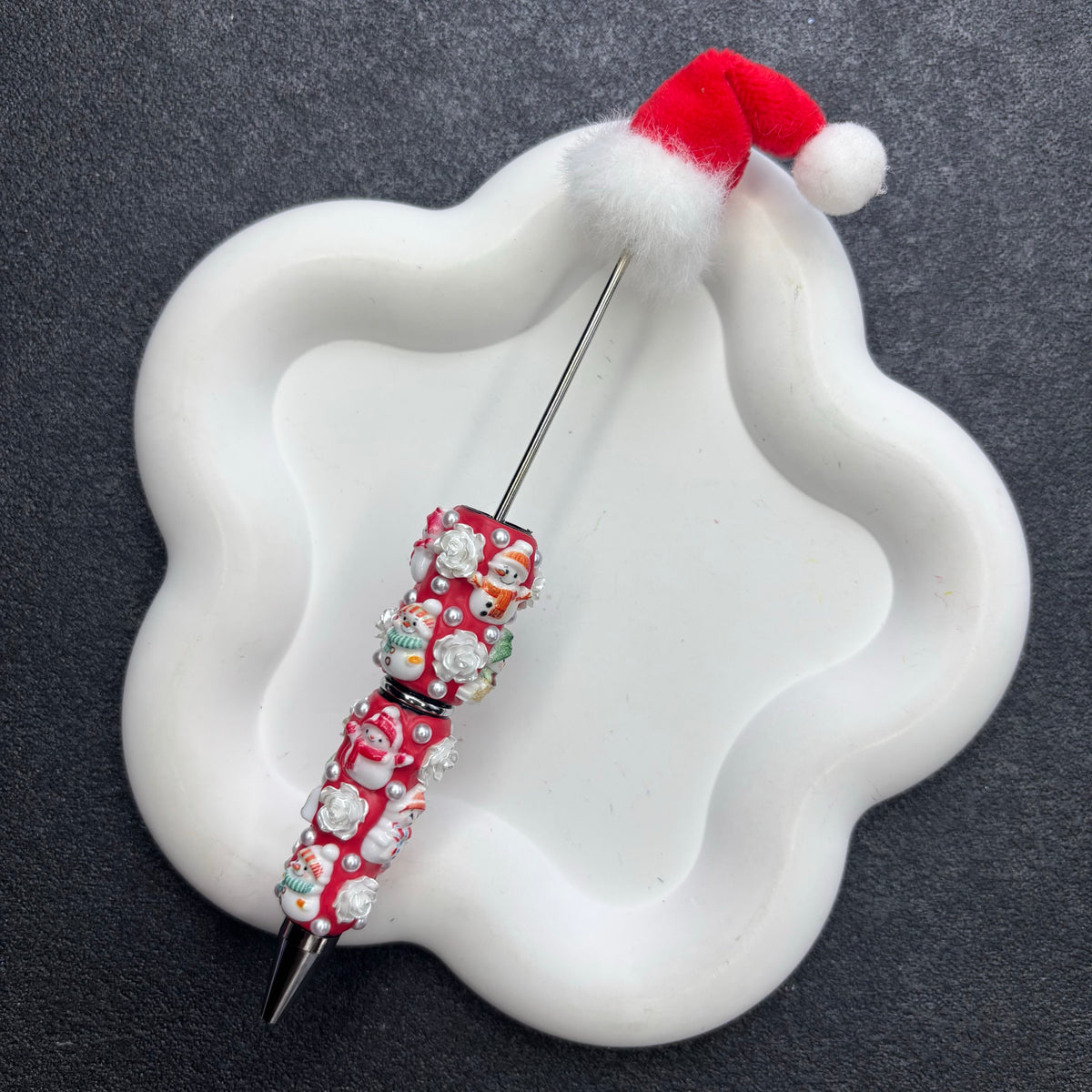 Plush Santa Hat Beadable Pens, 3D Embossed Snowman & Pearl Floral Beaded Pen Barrels for Christmas DIY Gifts & Crafts