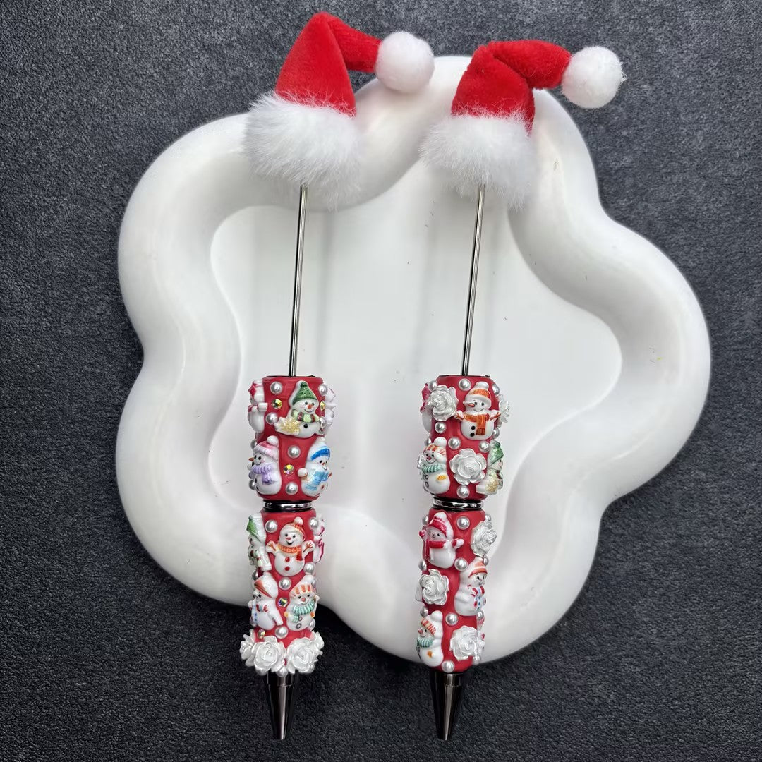 Plush Santa Hat Beadable Pens, 3D Embossed Snowman & Pearl Floral Beaded Pen Barrels for Christmas DIY Gifts & Crafts