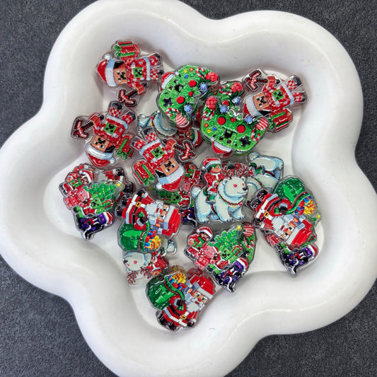 Christmas Pixel Gamer Focal Beads, Acrylic Holiday Gaming Beads for Beadable Pens, DIY Christmas Pen Bar & Keychain Craft Supplies