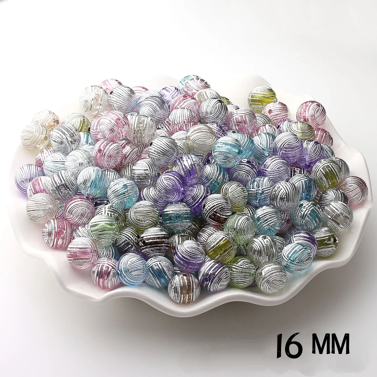 16mm Acrylic Transparent Color Silver-plated Lines Round Beads
