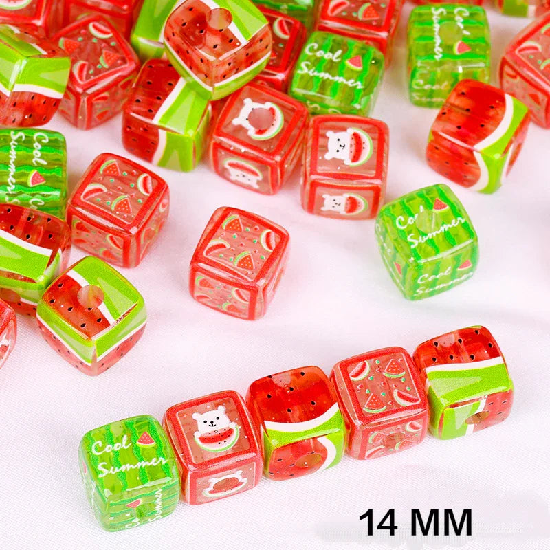 14MM Transparent Glitter Watermelon Square Acrylic Beads