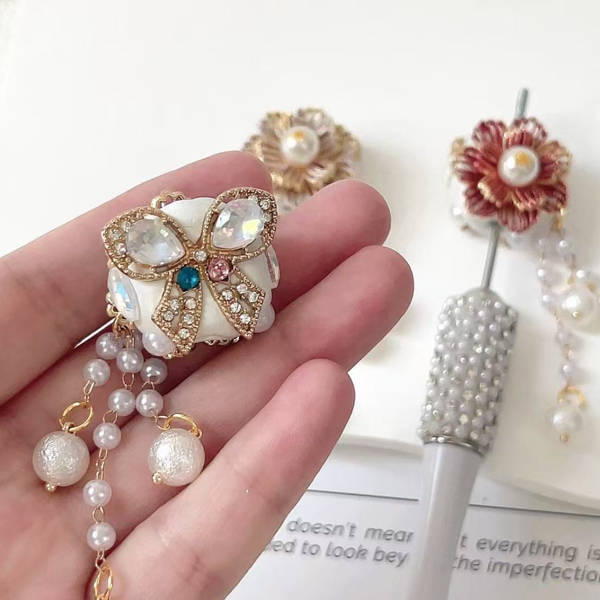 Alloy Clay Flower, Rhinestone Bow, and Pearl Tassel Straight-hole Beaded