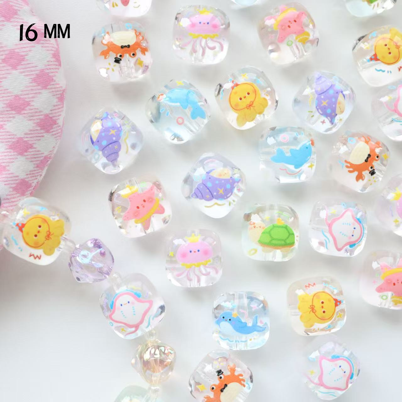 16mm Cartoon Ocean Series Printed Square Transparent Straight Hole Beads - Beadable Cat