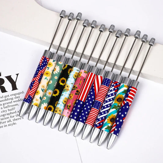 Long flag print beaded pen, educational handmade beaded pen