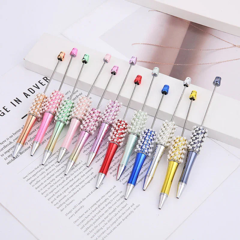 Pearl agate bead pen hand-threaded cute bead pen gradient three-color ballpoint pen | DIY Beadable Pen Craft Gift Idea