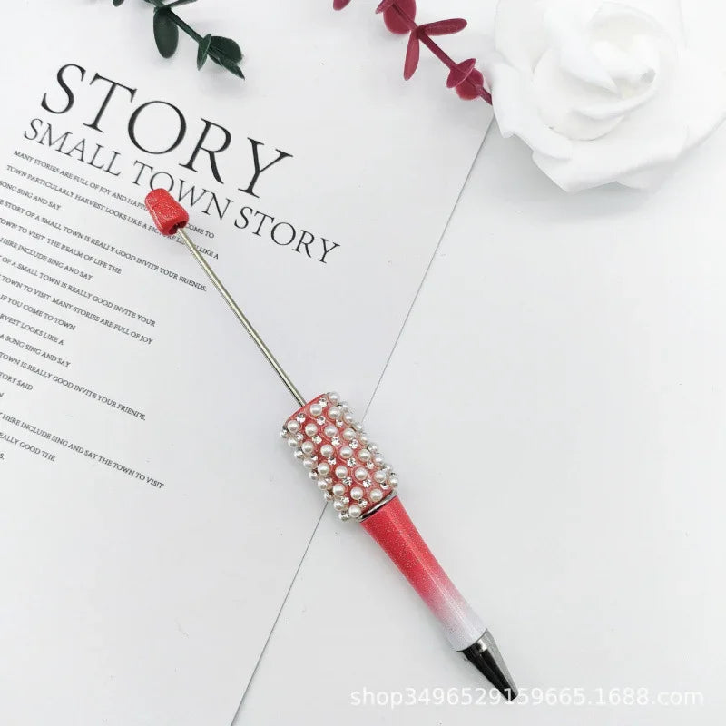 Pearl agate bead pen hand-threaded cute bead pen gradient three-color ballpoint pen | DIY Beadable Pen Craft Gift Idea