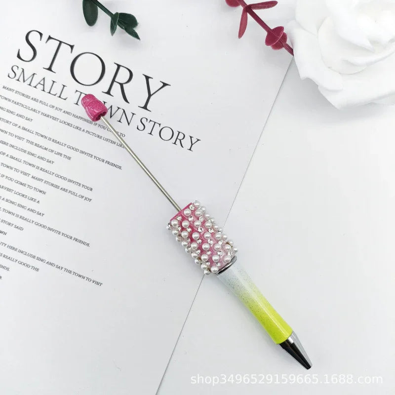 Pearl agate bead pen hand-threaded cute bead pen gradient three-color ballpoint pen | DIY Beadable Pen Craft Gift Idea