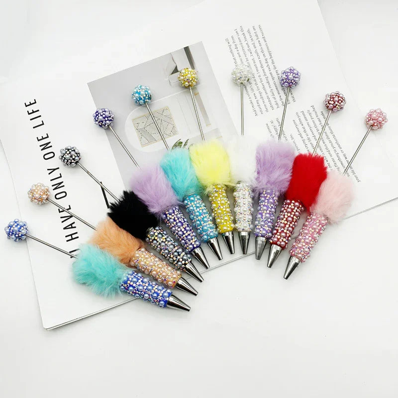 Plush pearl full diamond pen pure handmade furry diy diamond beaded pen | DIY Beadable Pen Craft Gift Idea