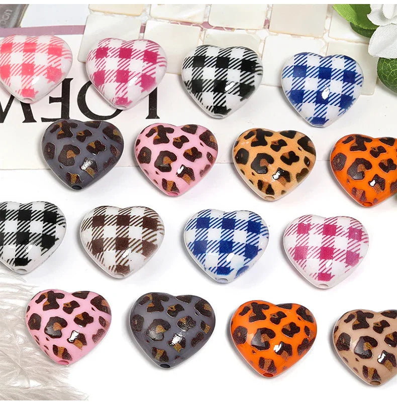 Retro plaid leopard love acrylic beads | Acrylic Bead for DIY Bracelet Keychain Jewelry Making